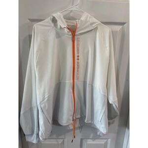Under Armour Womens XL White Orange Full Zip Hooded Windbreaker Loose Fit Jacket
